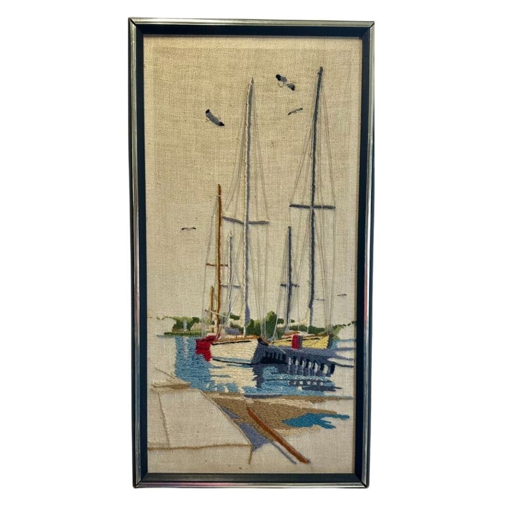 Vintage Crewel Framed "Saltwater Harbor" Paragon MCM Sailboat Henning 1973